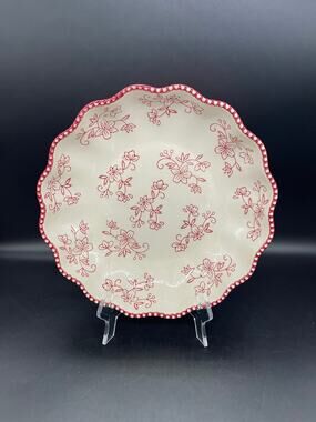 Temptations Red & White Floral Lace Scalloped Embossed Serving Bowl 1.5qt